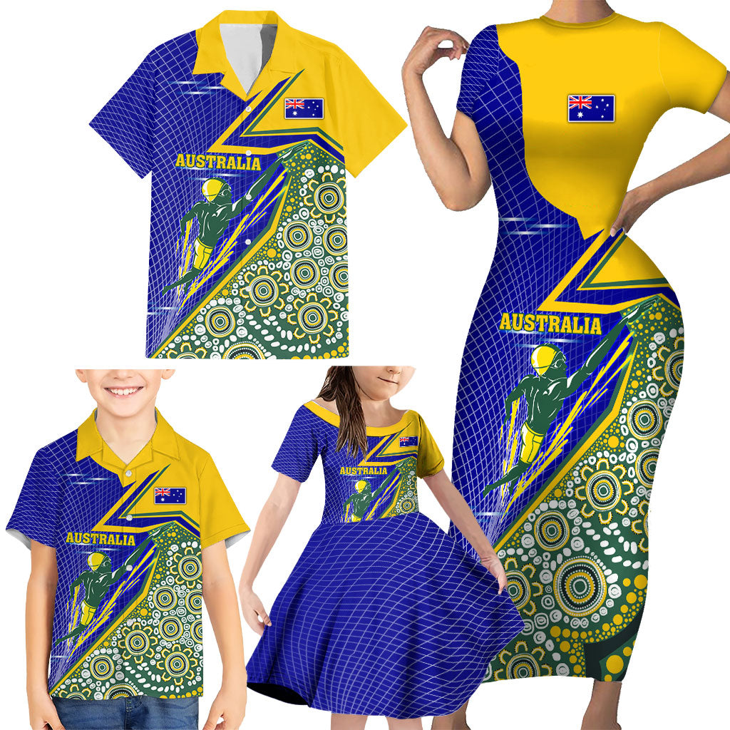 Personalized Australia Swimming Athlete Family Matching Short Sleeve Bodycon Dress and Hawaiian Shirt Aboriginal Dot Pattern Competitive Swimmer Patriotic