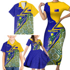 Personalized Australia Swimming Athlete Family Matching Short Sleeve Bodycon Dress and Hawaiian Shirt Aboriginal Dot Pattern Competitive Swimmer Patriotic