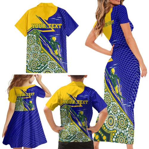 Personalized Australia Swimming Athlete Family Matching Short Sleeve Bodycon Dress and Hawaiian Shirt Aboriginal Dot Pattern Competitive Swimmer Patriotic