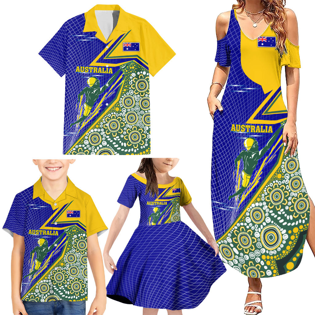 Personalized Australia Swimming Athlete Family Matching Summer Maxi Dress and Hawaiian Shirt Aboriginal Dot Pattern Competitive Swimmer Patriotic