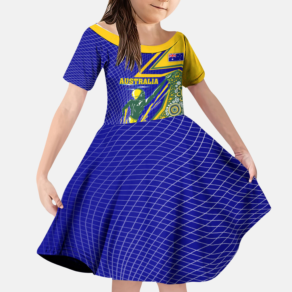 Personalized Australia Swimming Athlete Kid Short Sleeve Dress Aboriginal Dot Pattern Competitive Swimmer Patriotic