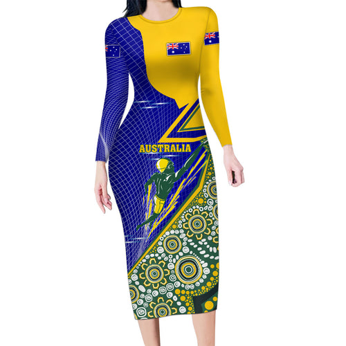 Personalized Australia Swimming Athlete Long Sleeve Bodycon Dress Aboriginal Dot Pattern Competitive Swimmer Patriotic