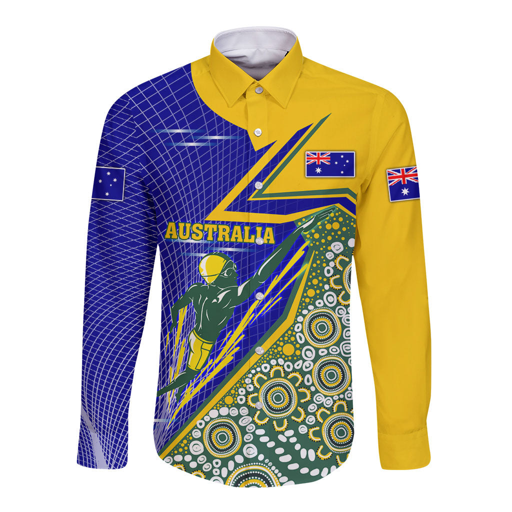 Personalized Australia Swimming Athlete Long Sleeve Button Shirt Aboriginal Dot Pattern Competitive Swimmer Patriotic