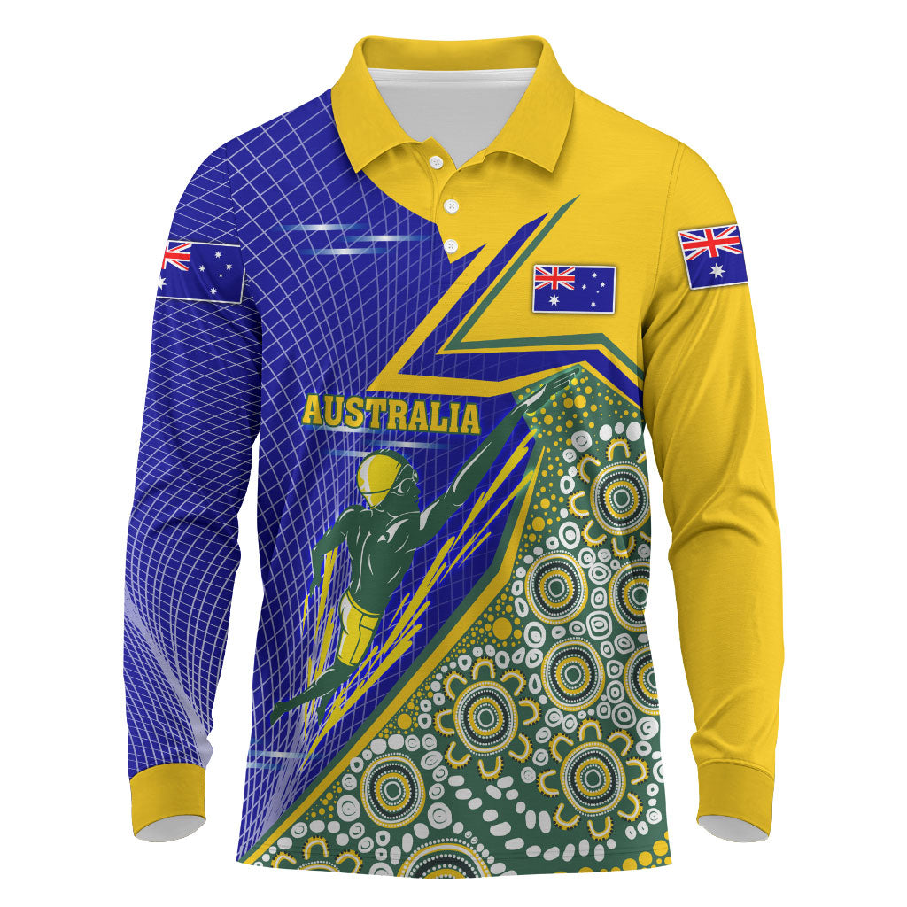 Personalized Australia Swimming Athlete Long Sleeve Polo Shirt Aboriginal Dot Pattern Competitive Swimmer Patriotic