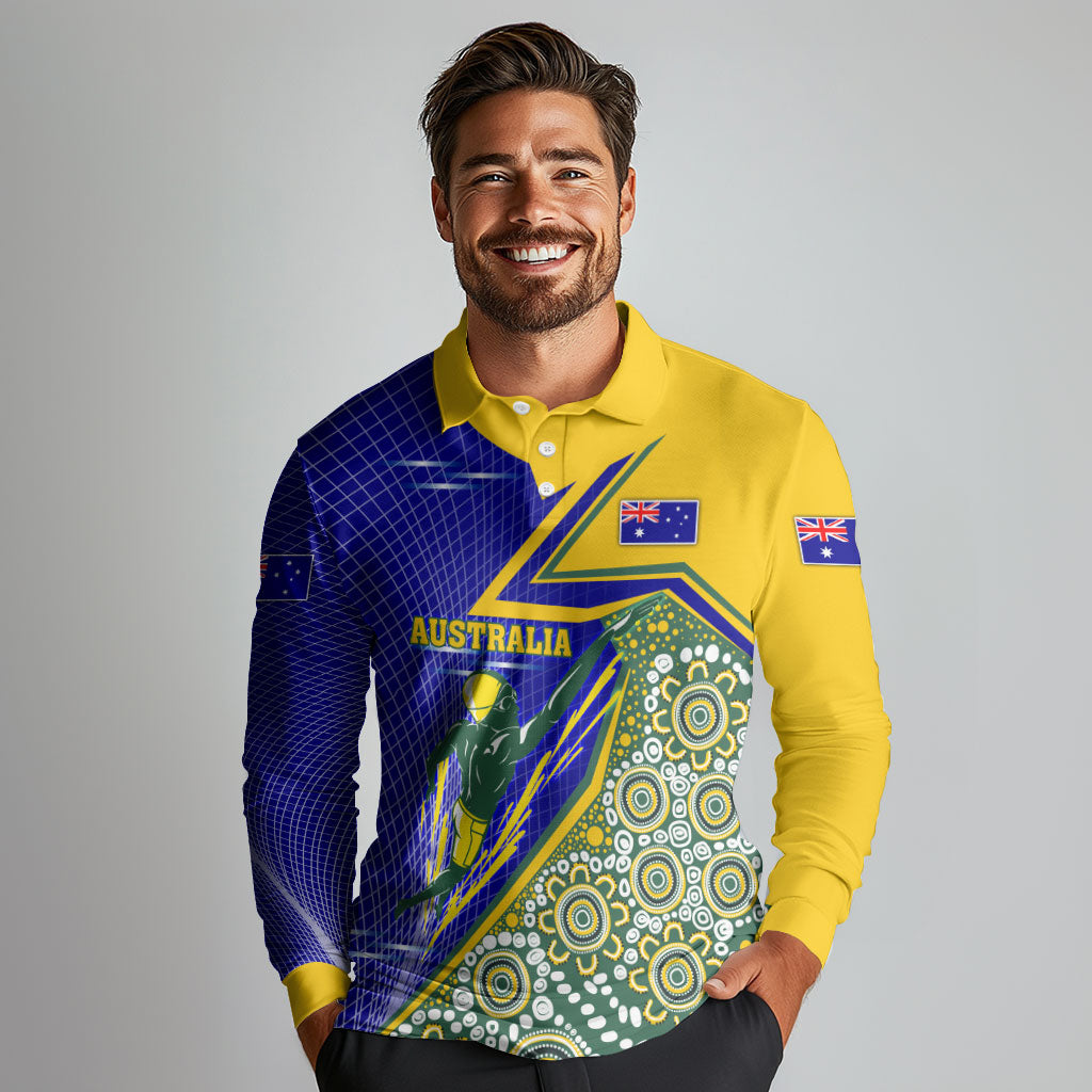 Personalized Australia Swimming Athlete Long Sleeve Polo Shirt Aboriginal Dot Pattern Competitive Swimmer Patriotic