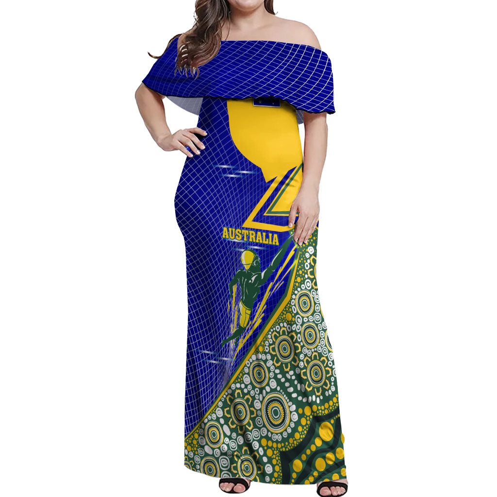 Personalized Australia Swimming Athlete Off Shoulder Maxi Dress Aboriginal Dot Pattern Competitive Swimmer Patriotic