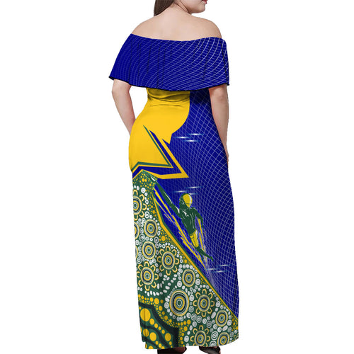 Personalized Australia Swimming Athlete Off Shoulder Maxi Dress Aboriginal Dot Pattern Competitive Swimmer Patriotic
