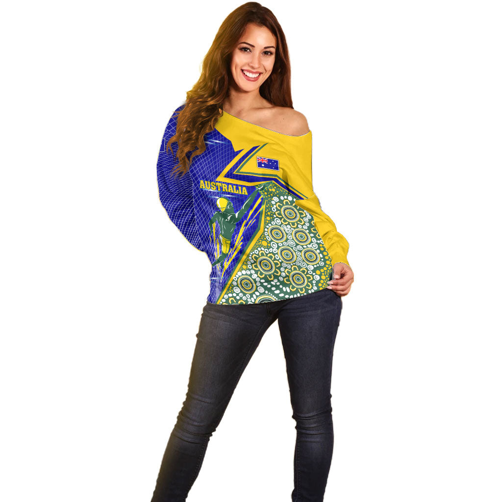 Personalized Australia Swimming Athlete Off Shoulder Sweater Aboriginal Dot Pattern Competitive Swimmer Patriotic