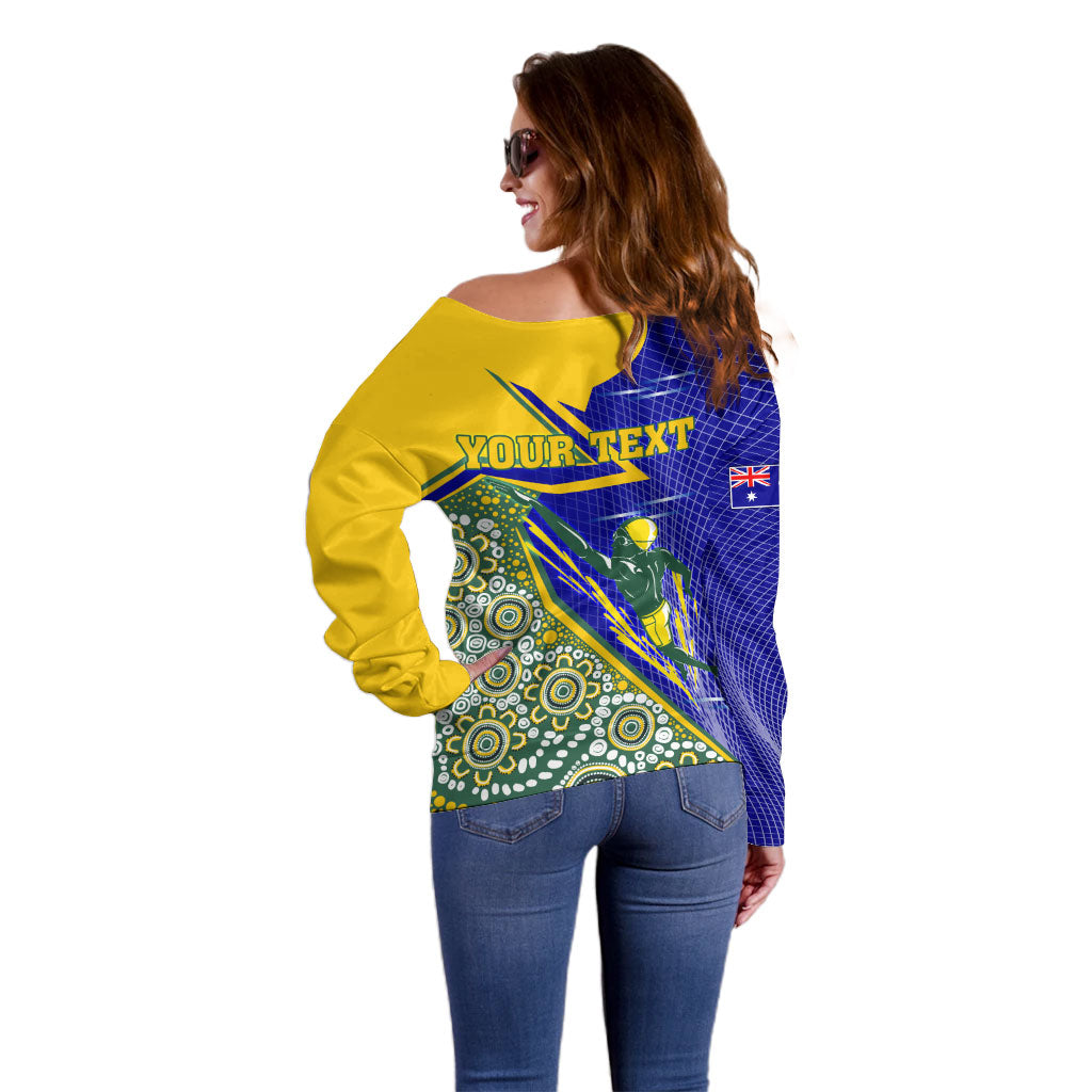 Personalized Australia Swimming Athlete Off Shoulder Sweater Aboriginal Dot Pattern Competitive Swimmer Patriotic