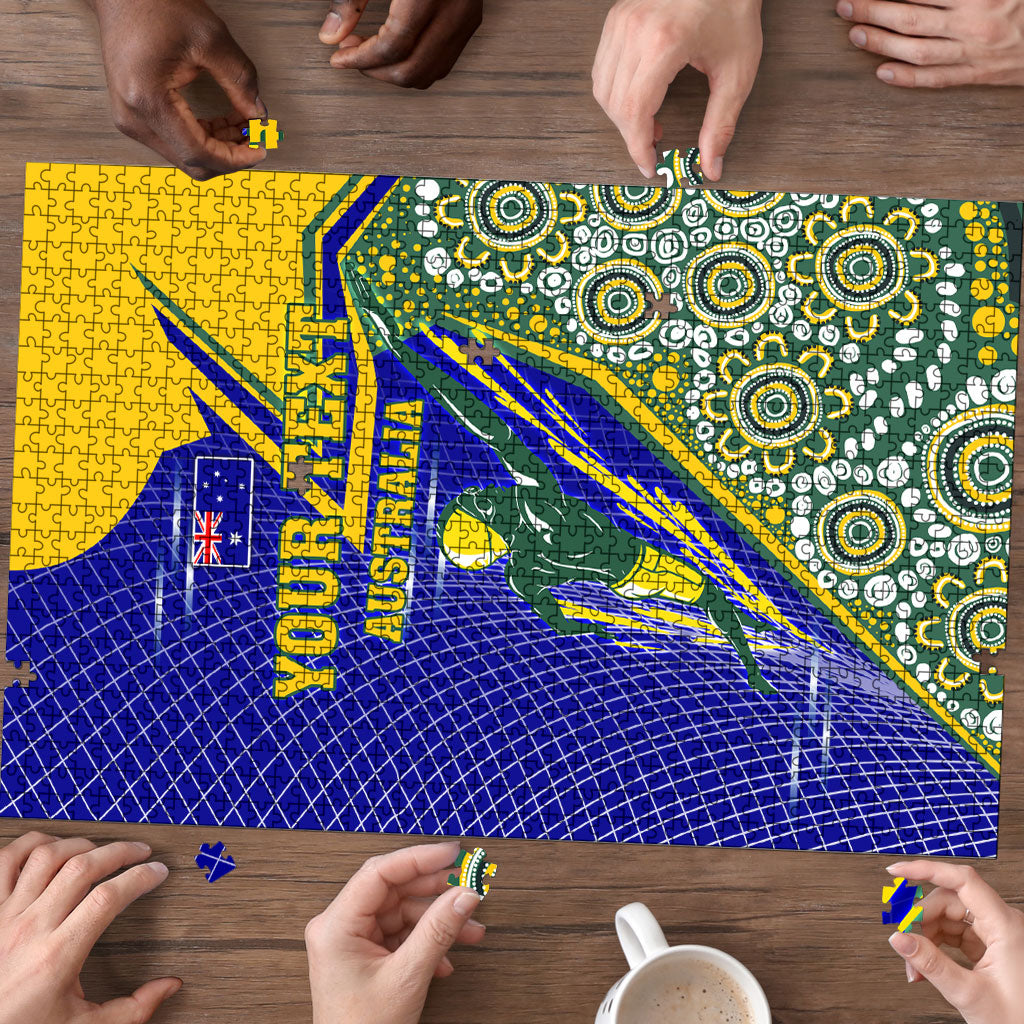 Personalized Australia Swimming Athlete Puzzle Aboriginal Dot Pattern Competitive Swimmer Patriotic