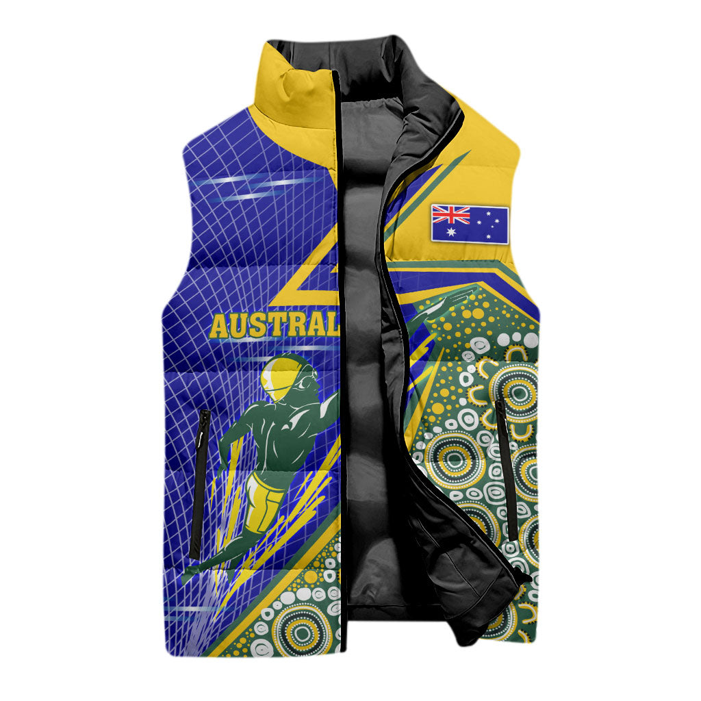 Personalized Australia Swimming Athlete Sleeveless Puffer Jacket Aboriginal Dot Pattern Competitive Swimmer Patriotic