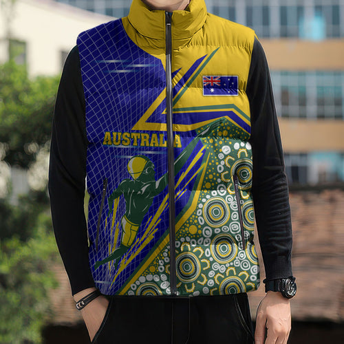 Personalized Australia Swimming Athlete Sleeveless Puffer Jacket Aboriginal Dot Pattern Competitive Swimmer Patriotic