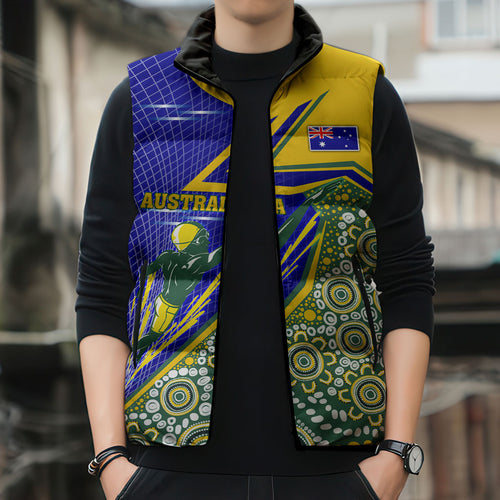 Personalized Australia Swimming Athlete Sleeveless Puffer Jacket Aboriginal Dot Pattern Competitive Swimmer Patriotic