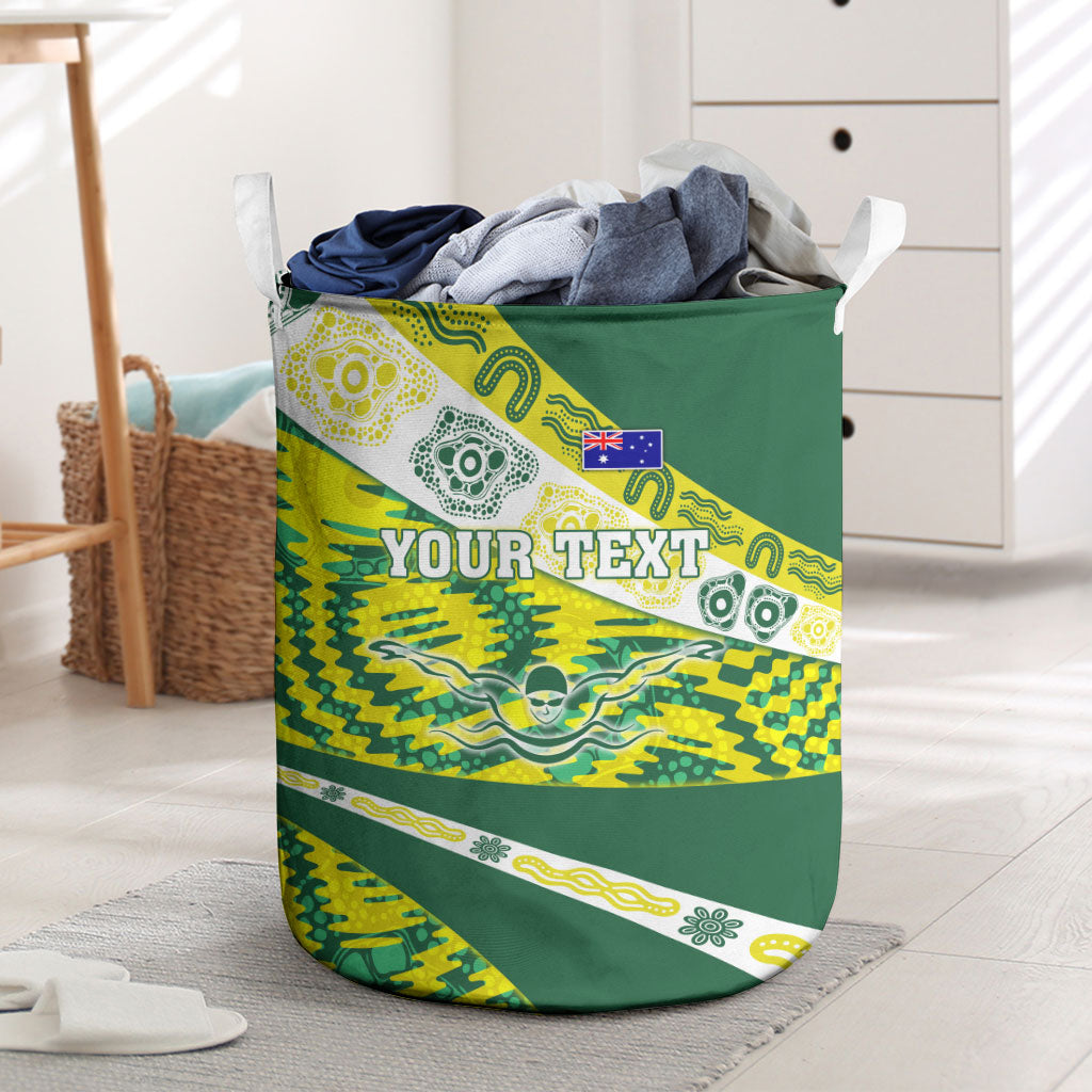 Personalised Australia Swimming Athlete Laundry Basket Aboriginal Pattern Freestyle Swimmer Patriotic