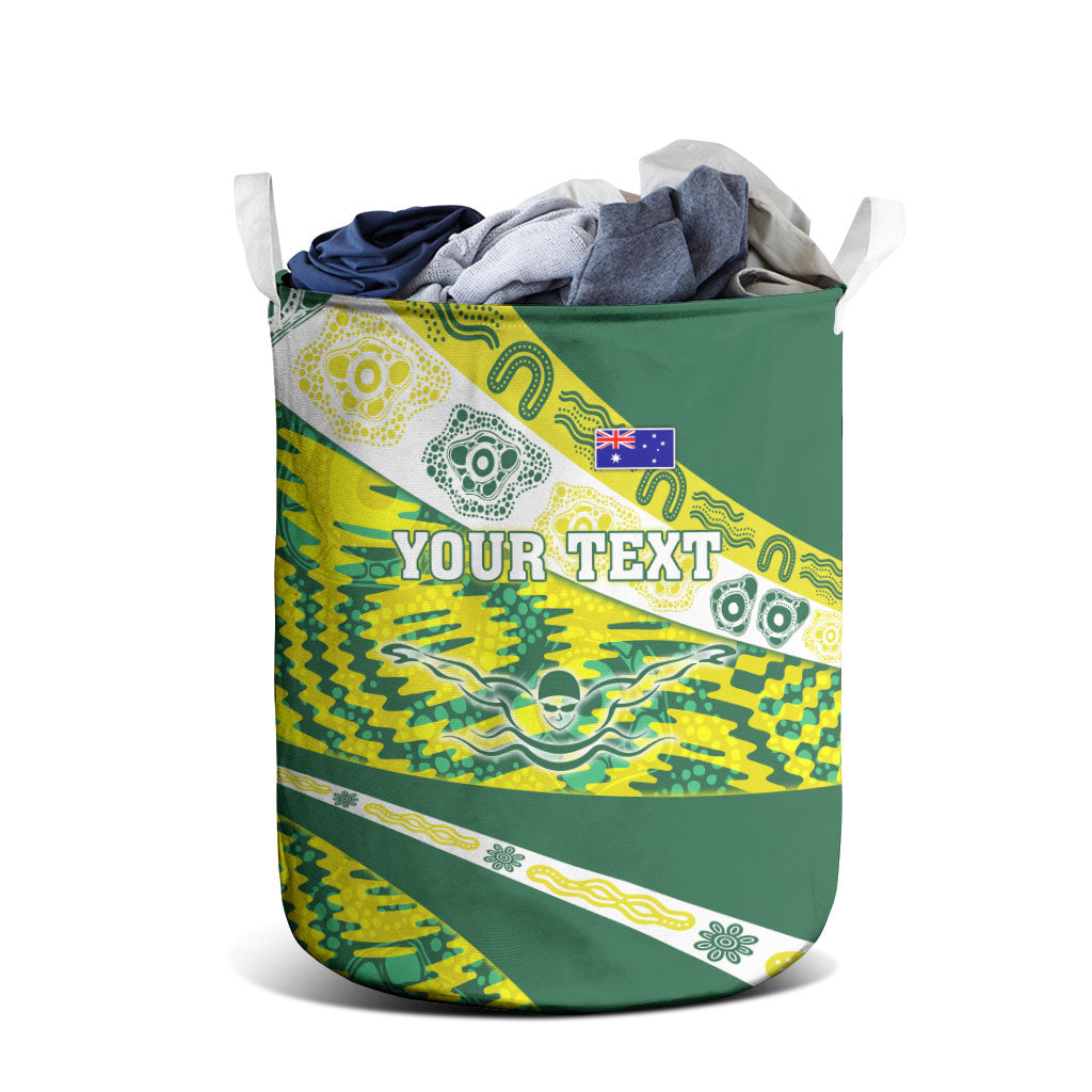 Personalised Australia Swimming Athlete Laundry Basket Aboriginal Pattern Freestyle Swimmer Patriotic