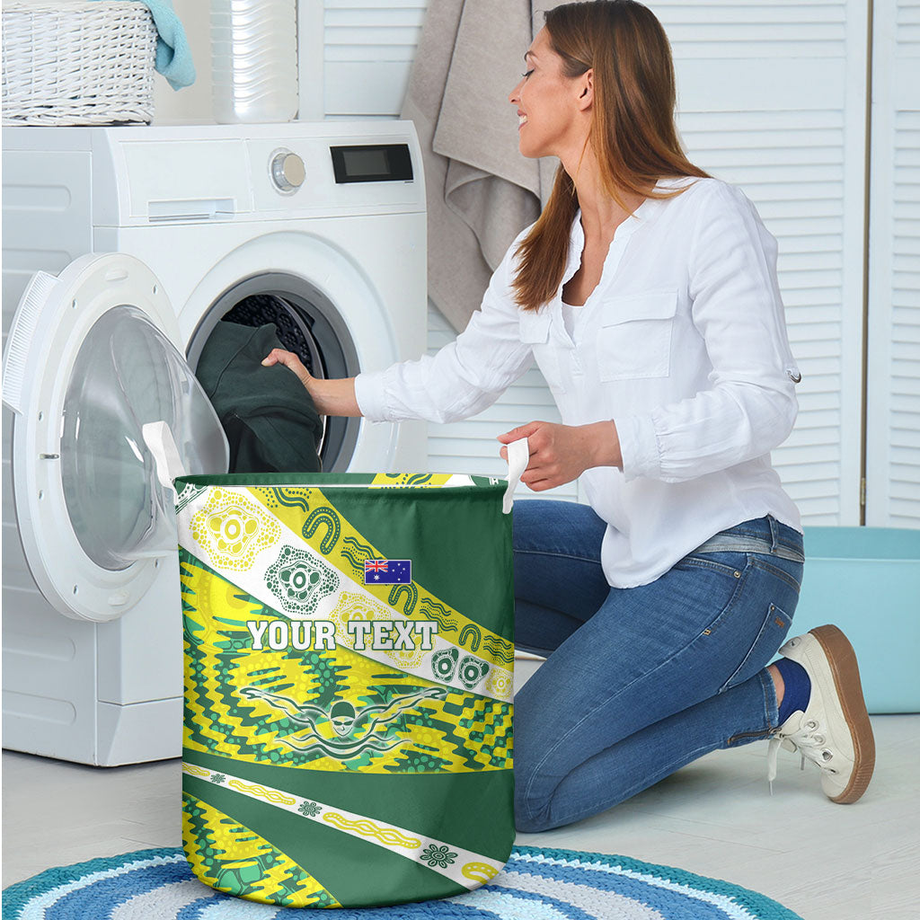 Personalised Australia Swimming Athlete Laundry Basket Aboriginal Pattern Freestyle Swimmer Patriotic