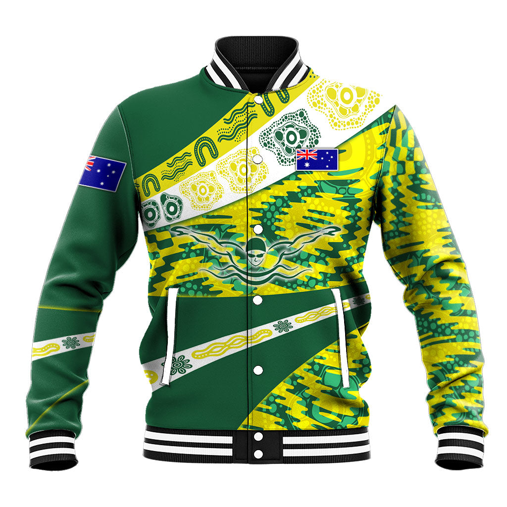 Personalised Australia Swimming Athlete Baseball Jacket Aboriginal Pattern Freestyle Swimmer Patriotic