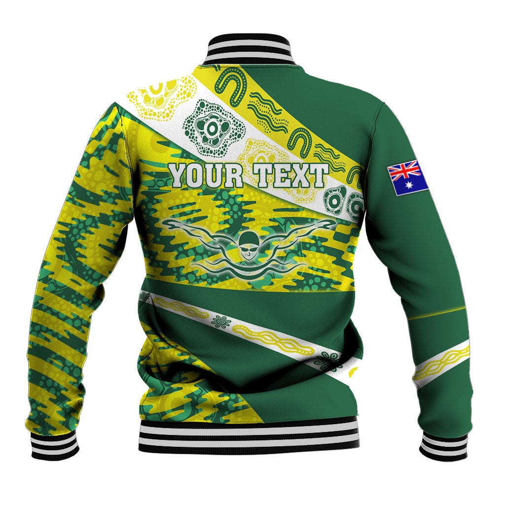 Personalised Australia Swimming Athlete Baseball Jacket Aboriginal Pattern Freestyle Swimmer Patriotic