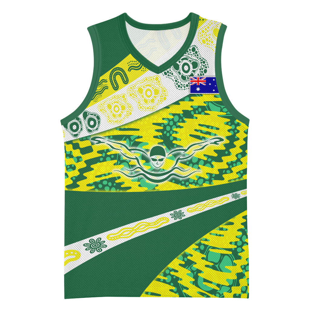 Personalised Australia Swimming Athlete Basketball Jersey Aboriginal Pattern Freestyle Swimmer Patriotic