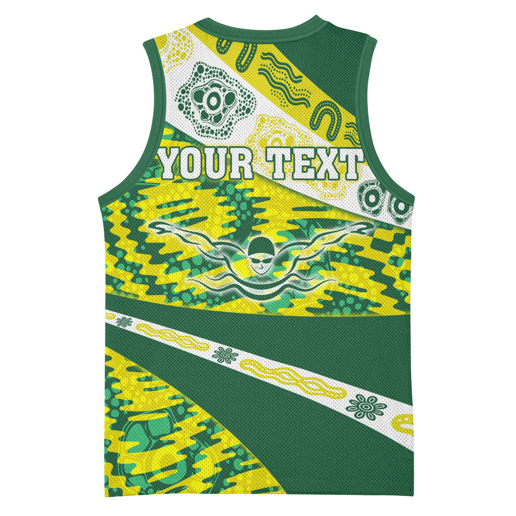 Personalised Australia Swimming Athlete Basketball Jersey Aboriginal Pattern Freestyle Swimmer Patriotic