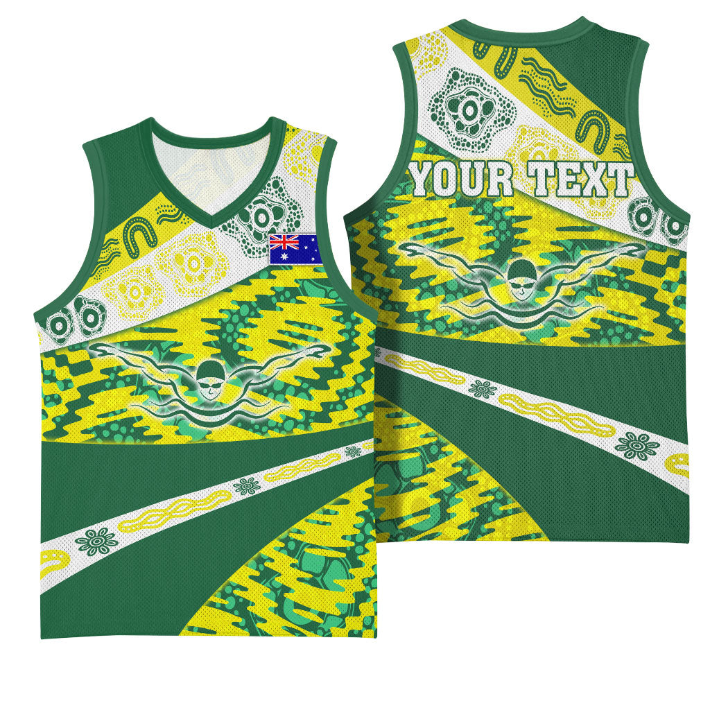 Personalised Australia Swimming Athlete Basketball Jersey Aboriginal Pattern Freestyle Swimmer Patriotic
