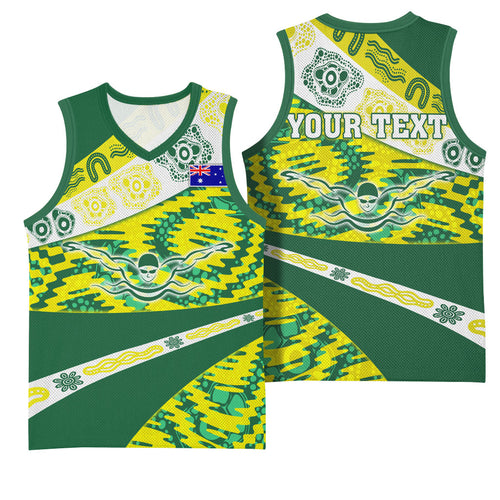 Personalised Australia Swimming Athlete Basketball Jersey Aboriginal Pattern Freestyle Swimmer Patriotic