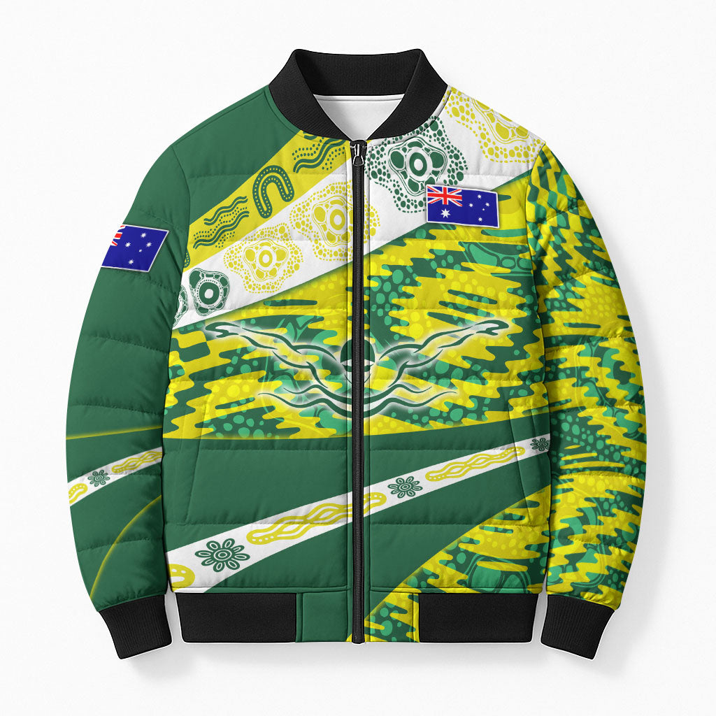 Personalised Australia Swimming Athlete Bomber Puffer Jacket Aboriginal Pattern Freestyle Swimmer Patriotic