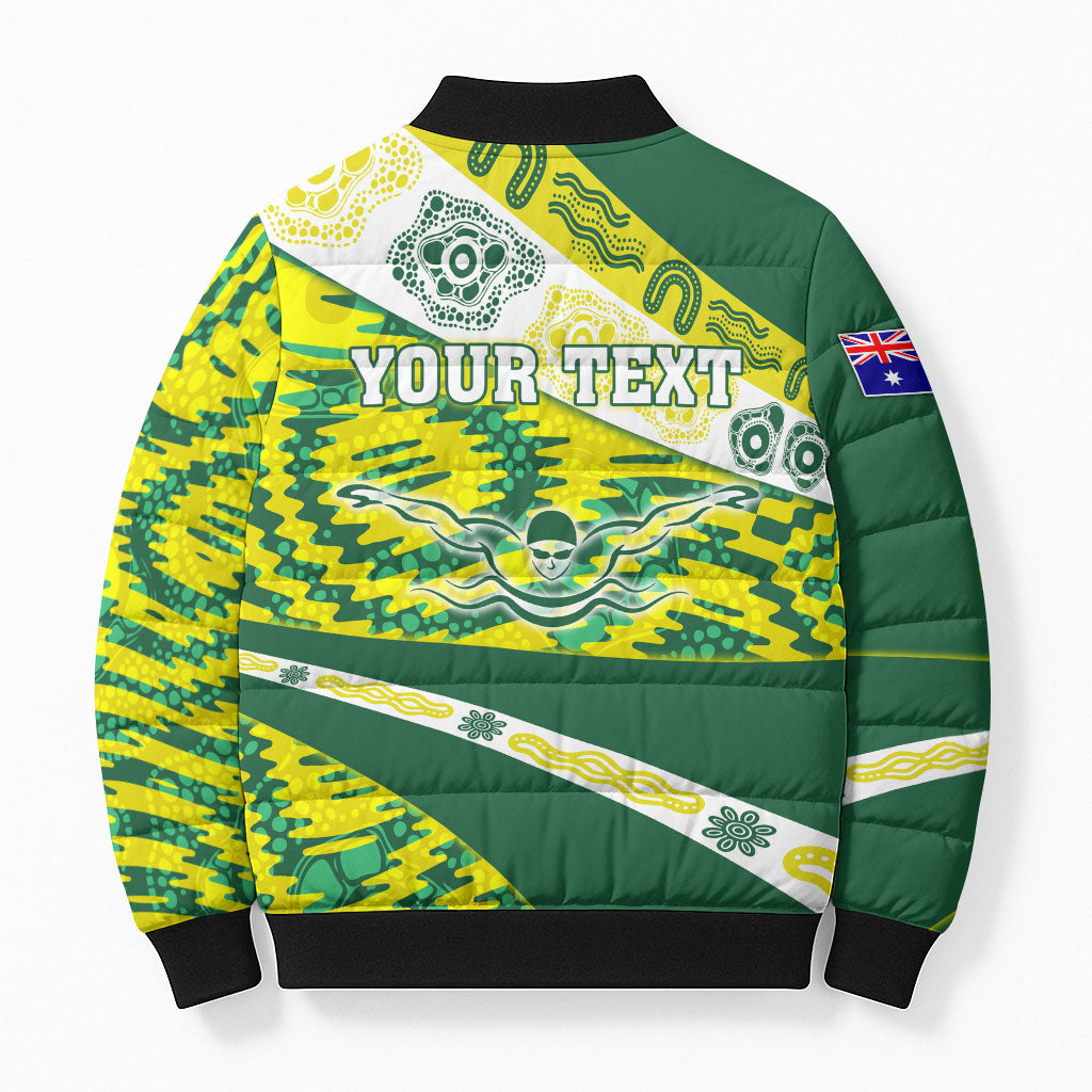 Personalised Australia Swimming Athlete Bomber Puffer Jacket Aboriginal Pattern Freestyle Swimmer Patriotic