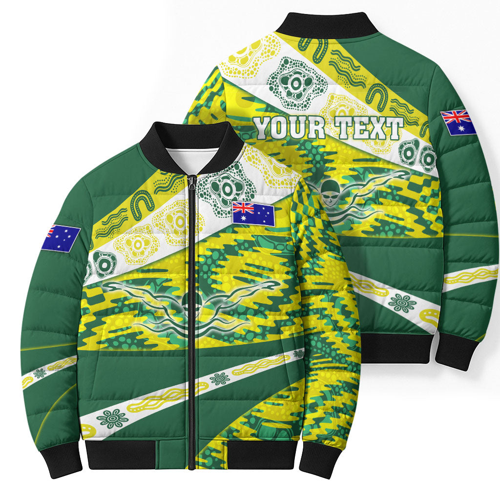 Personalised Australia Swimming Athlete Bomber Puffer Jacket Aboriginal Pattern Freestyle Swimmer Patriotic
