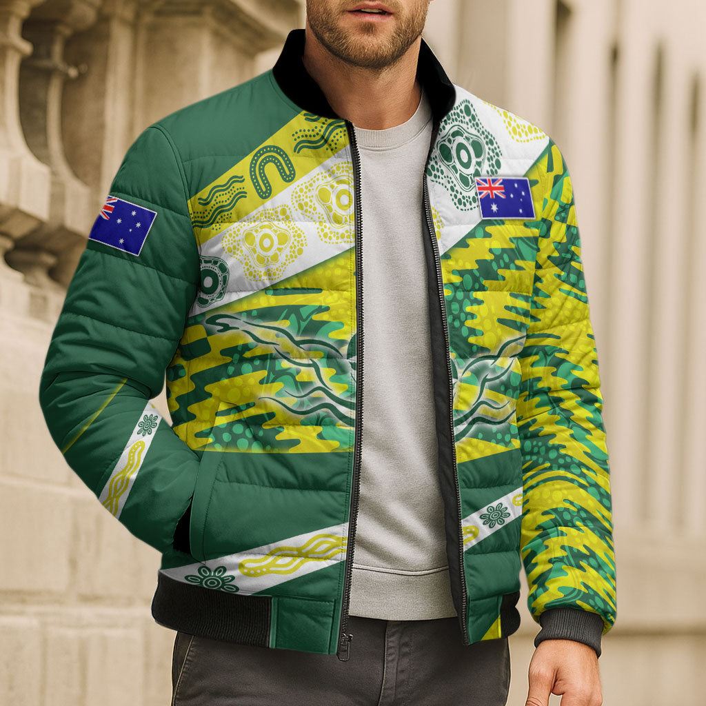 Personalised Australia Swimming Athlete Bomber Puffer Jacket Aboriginal Pattern Freestyle Swimmer Patriotic