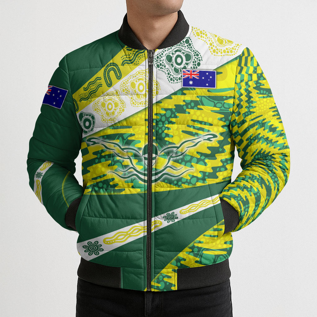 Personalised Australia Swimming Athlete Bomber Puffer Jacket Aboriginal Pattern Freestyle Swimmer Patriotic
