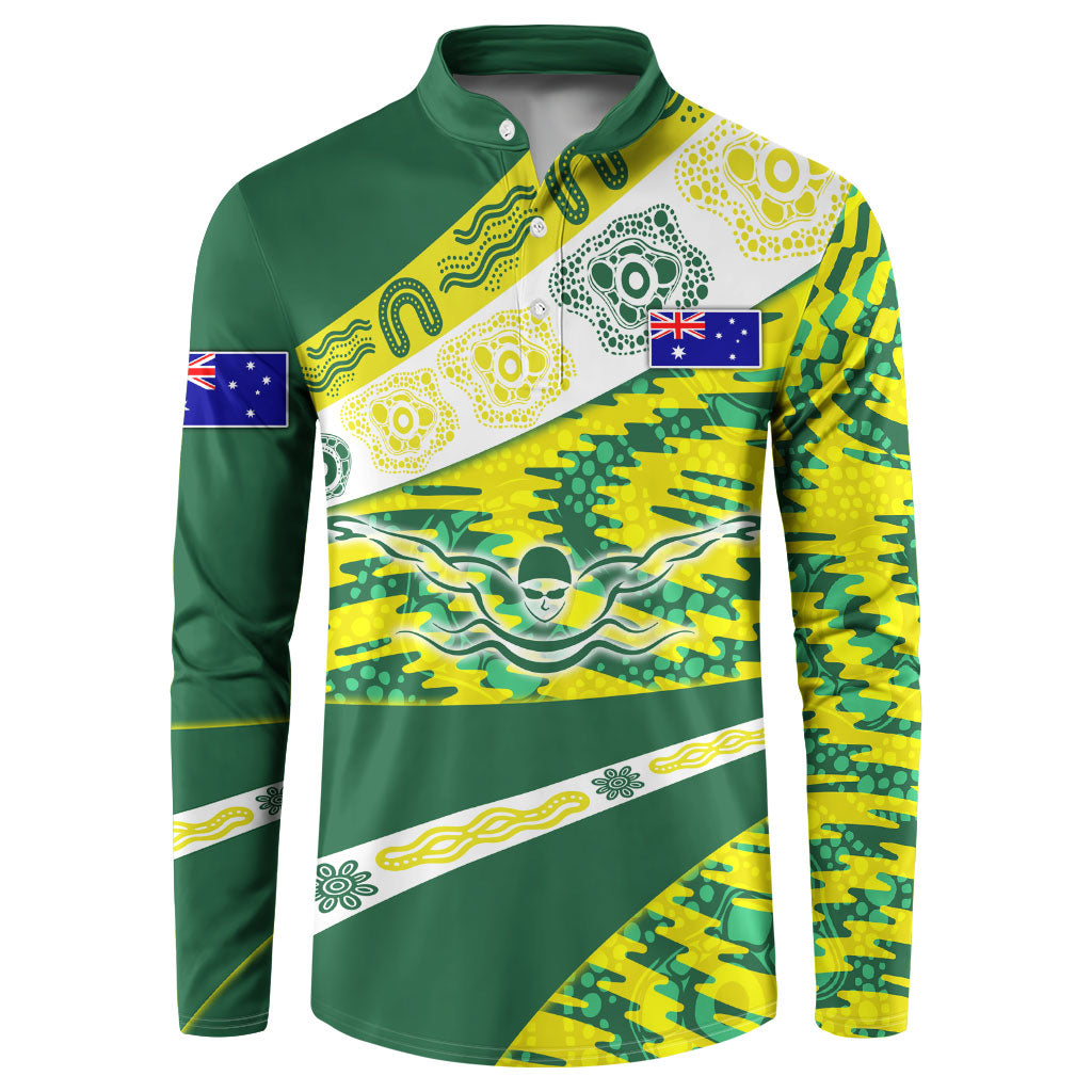 Personalised Australia Swimming Athlete Button Sweatshirt Aboriginal Pattern Freestyle Swimmer Patriotic