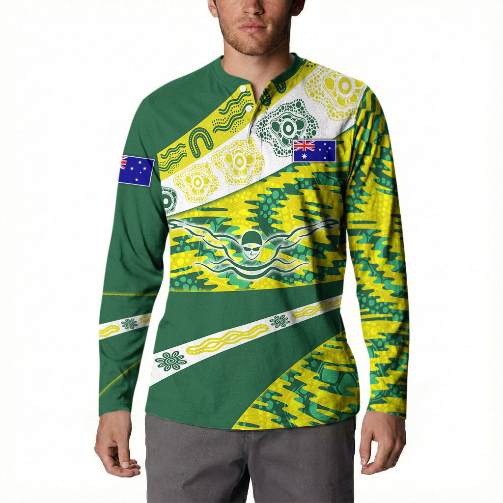 Personalised Australia Swimming Athlete Button Sweatshirt Aboriginal Pattern Freestyle Swimmer Patriotic