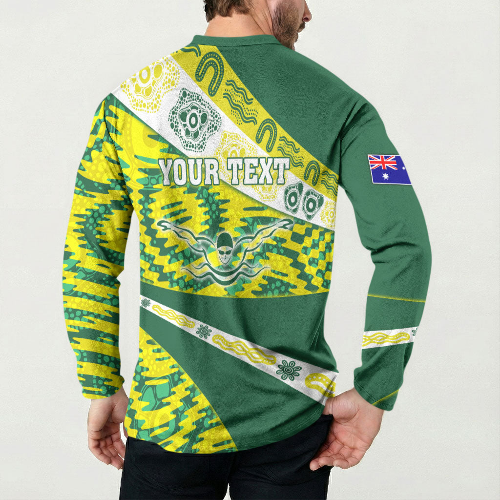 Personalised Australia Swimming Athlete Button Sweatshirt Aboriginal Pattern Freestyle Swimmer Patriotic