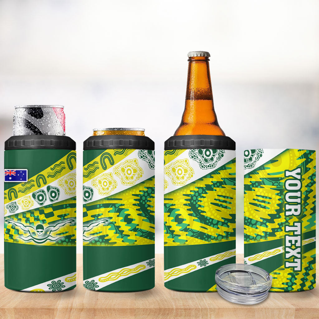 Personalised Australia Swimming Athlete 4 in 1 Can Cooler Tumbler Aboriginal Pattern Freestyle Swimmer Patriotic