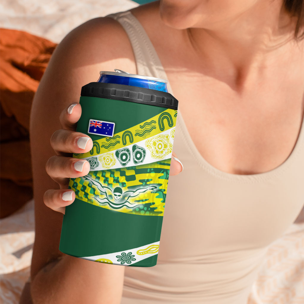 Personalised Australia Swimming Athlete 4 in 1 Can Cooler Tumbler Aboriginal Pattern Freestyle Swimmer Patriotic