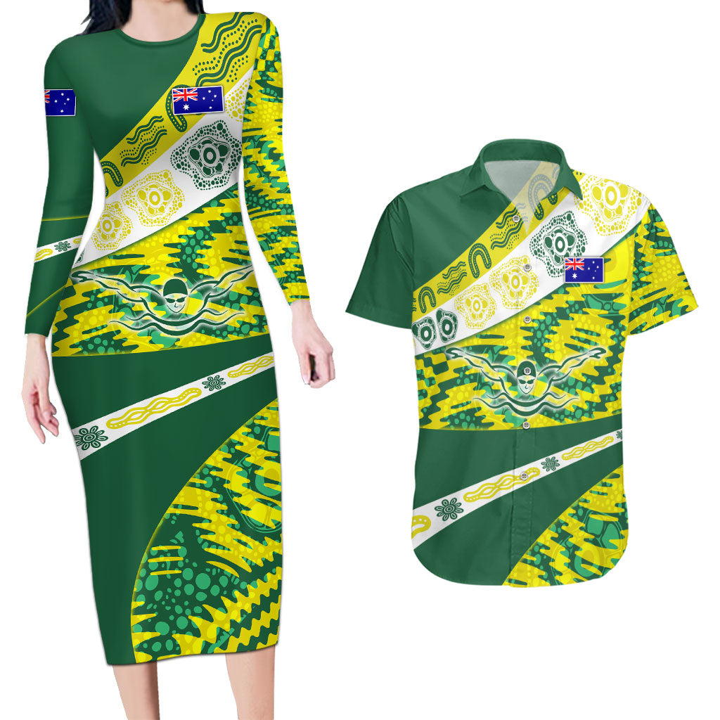 Personalised Australia Swimming Athlete Couples Matching Long Sleeve Bodycon Dress and Hawaiian Shirt Aboriginal Pattern Freestyle Swimmer Patriotic