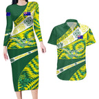 Personalised Australia Swimming Athlete Couples Matching Long Sleeve Bodycon Dress and Hawaiian Shirt Aboriginal Pattern Freestyle Swimmer Patriotic