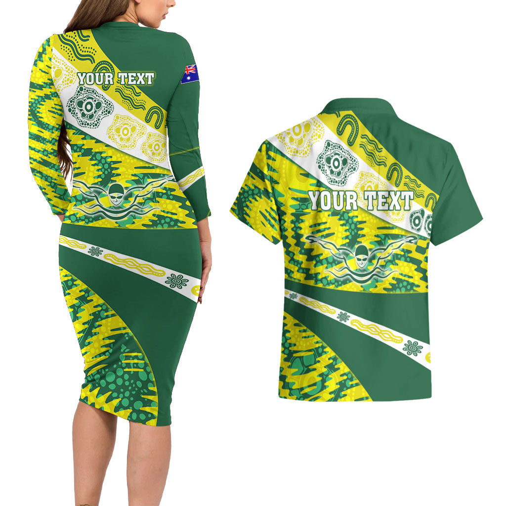 Personalised Australia Swimming Athlete Couples Matching Long Sleeve Bodycon Dress and Hawaiian Shirt Aboriginal Pattern Freestyle Swimmer Patriotic