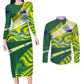 Personalised Australia Swimming Athlete Couples Matching Long Sleeve Bodycon Dress and Long Sleeve Button Shirt Aboriginal Pattern Freestyle Swimmer Patriotic