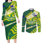 Personalised Australia Swimming Athlete Couples Matching Long Sleeve Bodycon Dress and Long Sleeve Button Shirt Aboriginal Pattern Freestyle Swimmer Patriotic