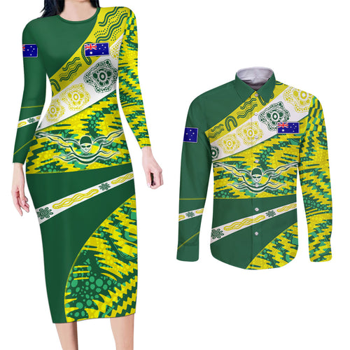 Personalised Australia Swimming Athlete Couples Matching Long Sleeve Bodycon Dress and Long Sleeve Button Shirt Aboriginal Pattern Freestyle Swimmer Patriotic