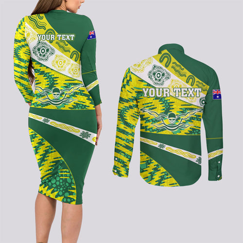 Personalised Australia Swimming Athlete Couples Matching Long Sleeve Bodycon Dress and Long Sleeve Button Shirt Aboriginal Pattern Freestyle Swimmer Patriotic