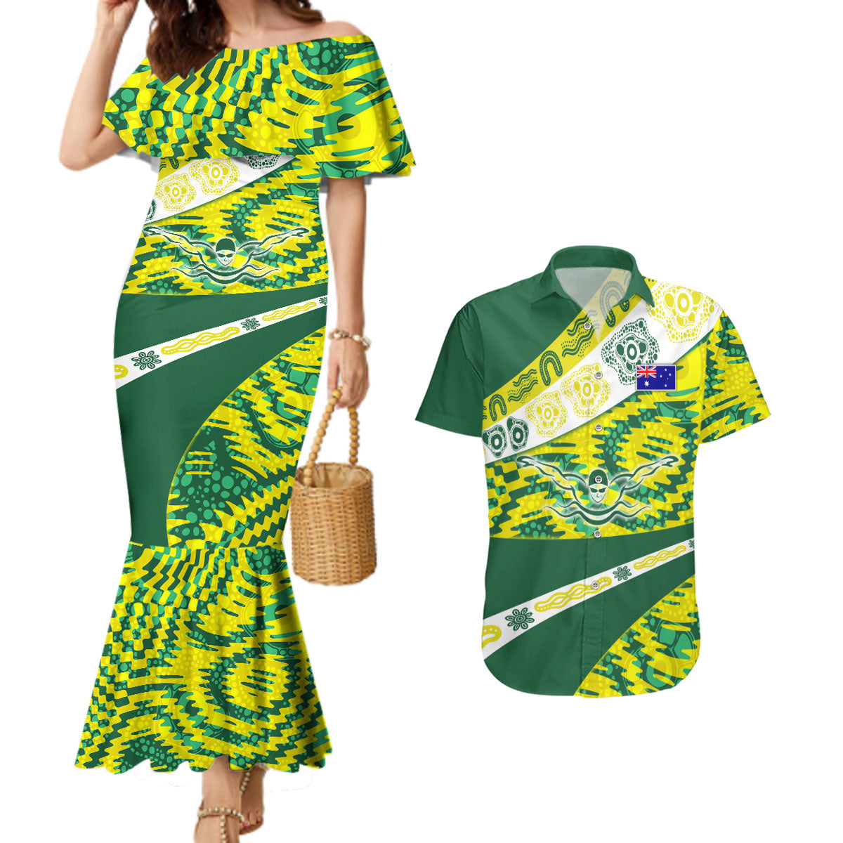 Personalised Australia Swimming Athlete Couples Matching Mermaid Dress and Hawaiian Shirt Aboriginal Pattern Freestyle Swimmer Patriotic