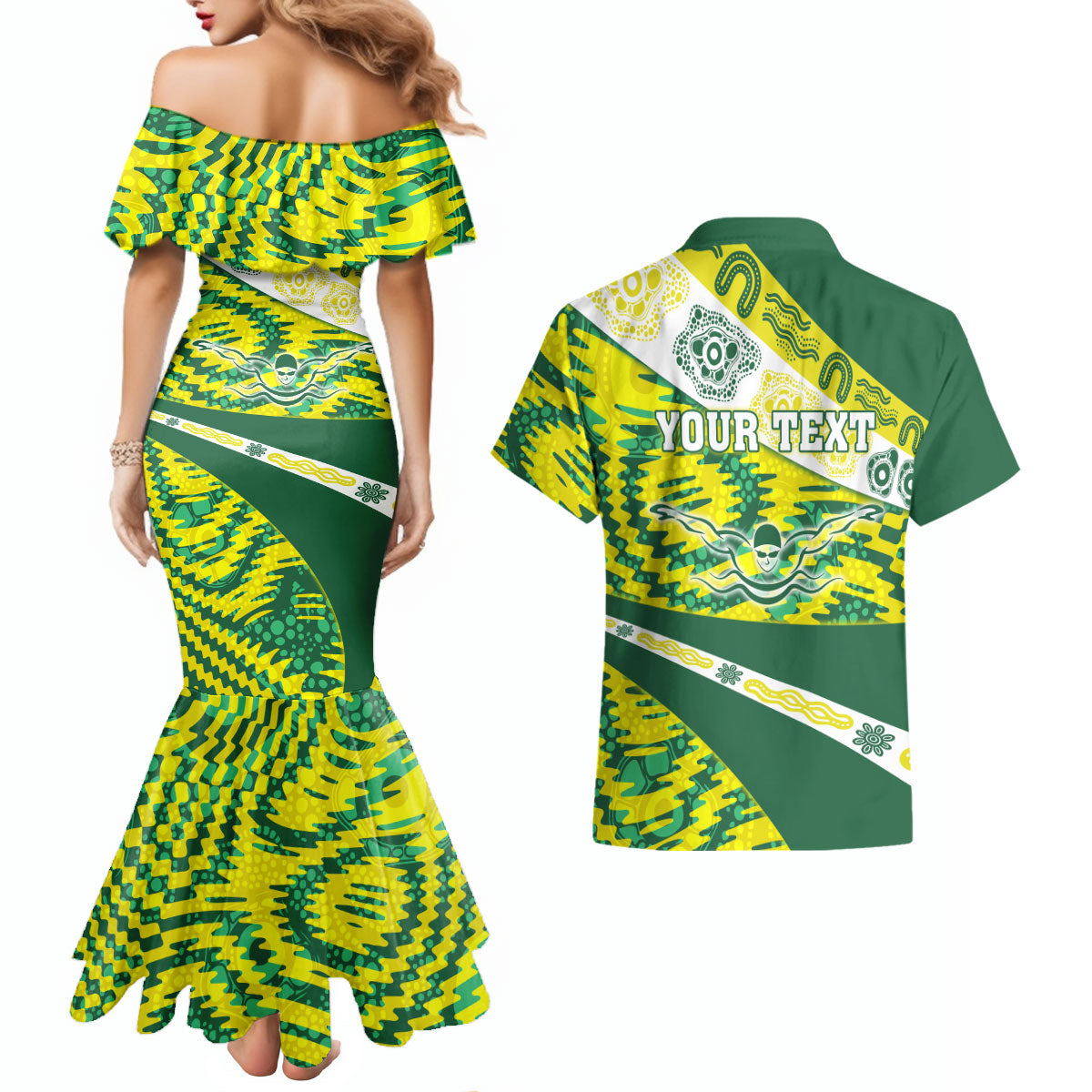 Personalised Australia Swimming Athlete Couples Matching Mermaid Dress and Hawaiian Shirt Aboriginal Pattern Freestyle Swimmer Patriotic