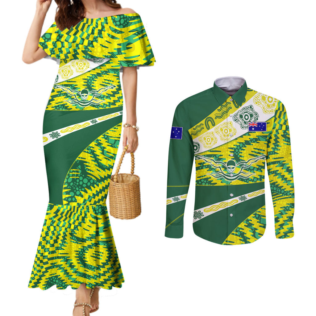 Personalised Australia Swimming Athlete Couples Matching Mermaid Dress and Long Sleeve Button Shirt Aboriginal Pattern Freestyle Swimmer Patriotic