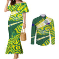Personalised Australia Swimming Athlete Couples Matching Mermaid Dress and Long Sleeve Button Shirt Aboriginal Pattern Freestyle Swimmer Patriotic