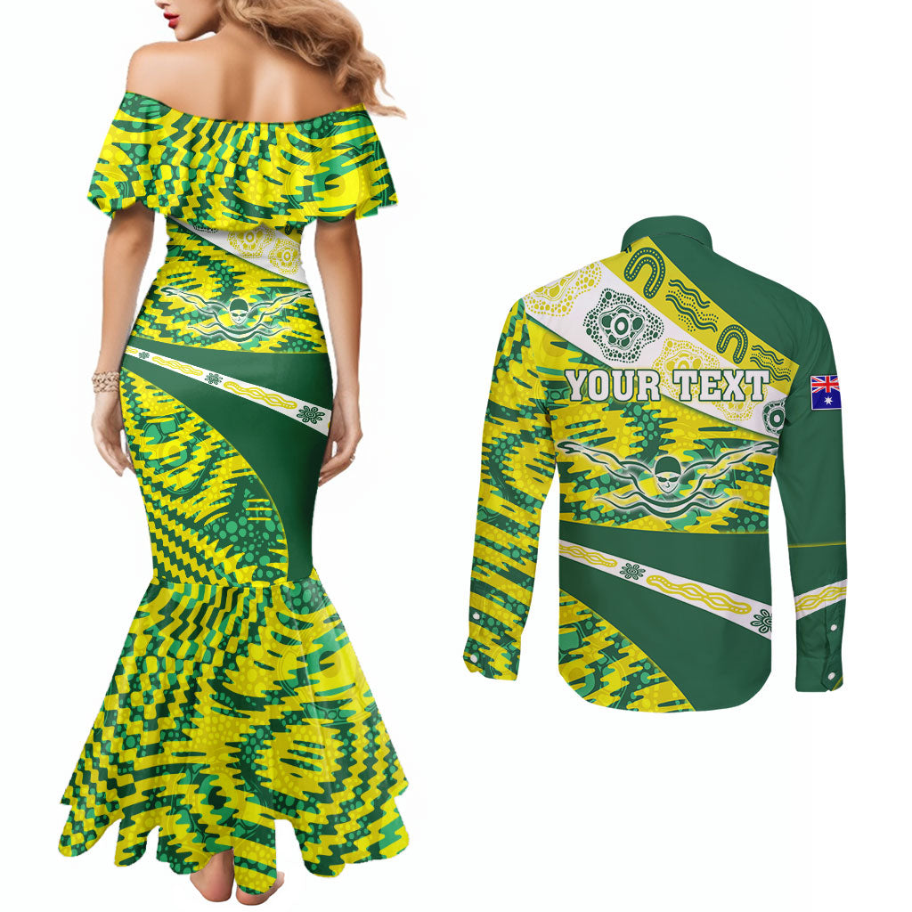Personalised Australia Swimming Athlete Couples Matching Mermaid Dress and Long Sleeve Button Shirt Aboriginal Pattern Freestyle Swimmer Patriotic