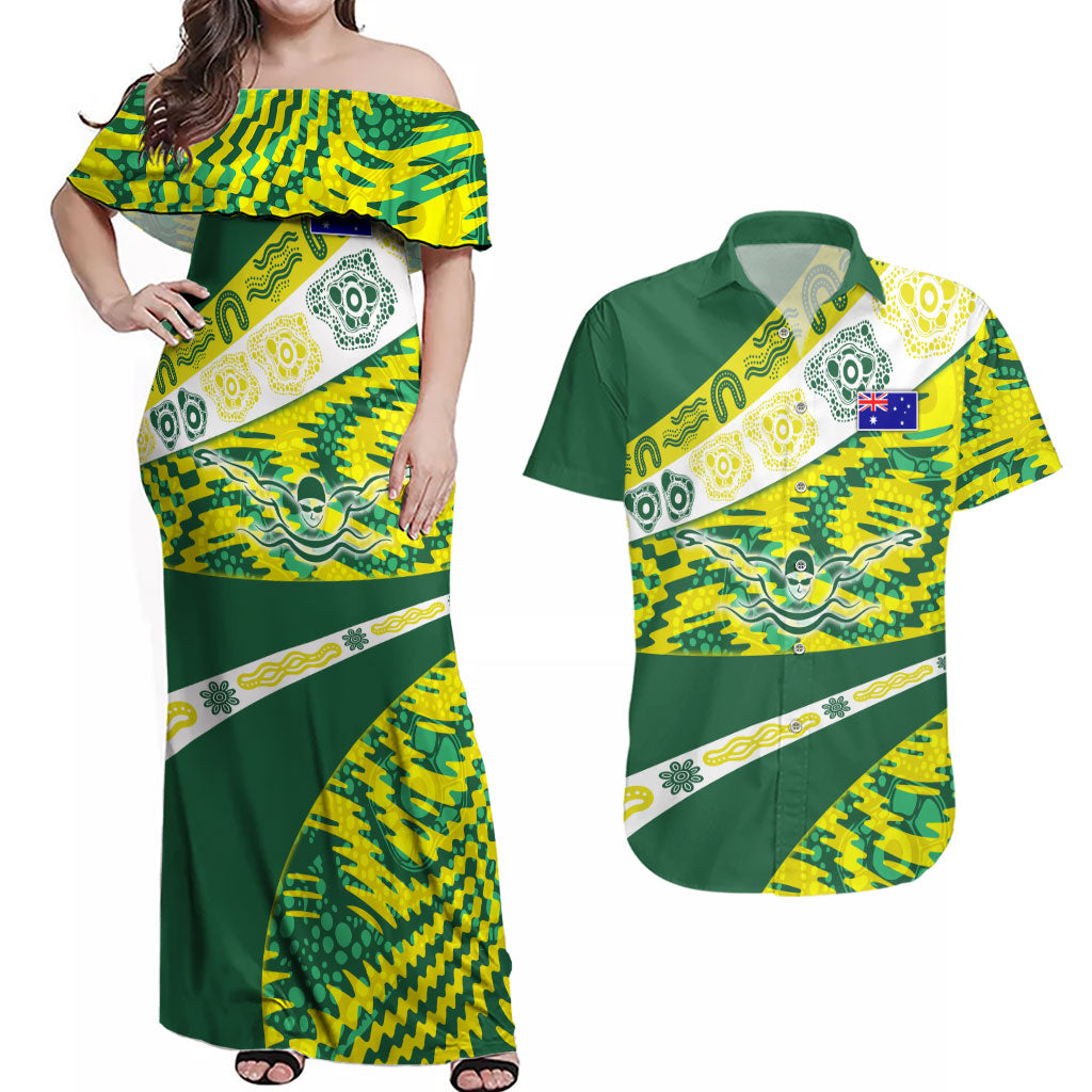 Personalised Australia Swimming Athlete Couples Matching Off Shoulder Maxi Dress and Hawaiian Shirt Aboriginal Pattern Freestyle Swimmer Patriotic