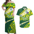 Personalised Australia Swimming Athlete Couples Matching Off Shoulder Maxi Dress and Hawaiian Shirt Aboriginal Pattern Freestyle Swimmer Patriotic